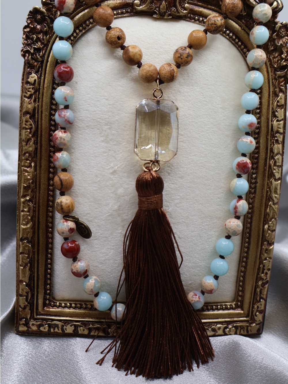 ✨BNWT BOUTIQUE FASHION Blue And Brown Tone Boho Tassel Statement Necklace